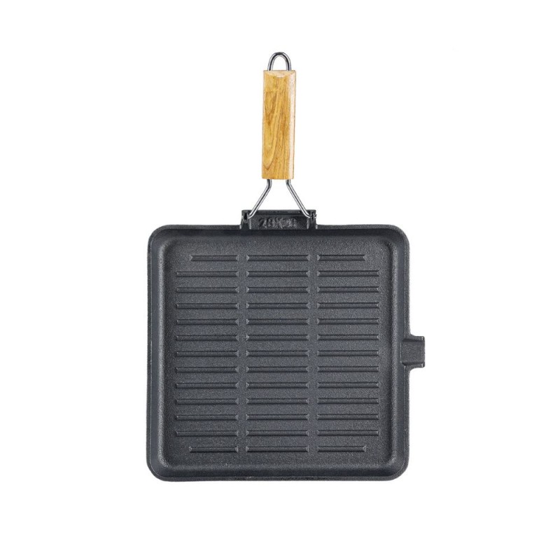 Støbejernspande til grill med sammenklappeligt træhåndtag, 24x24 cm - 