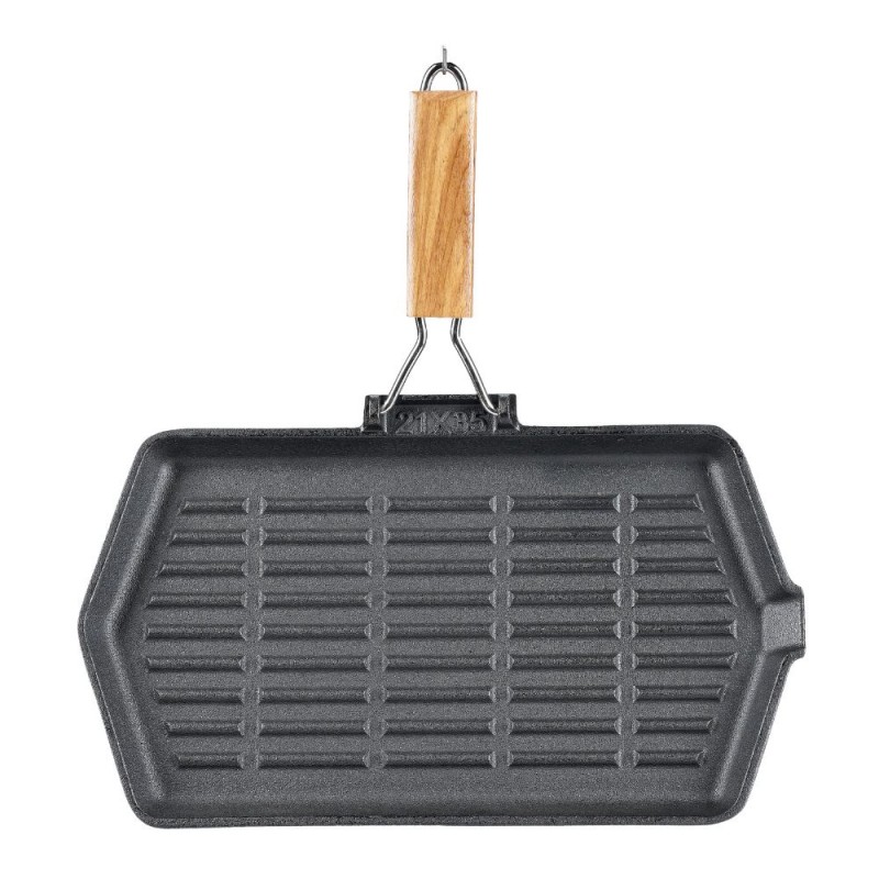 Støbejernspande til grill med sammenklappeligt træhåndtag, 35x21 cm - 