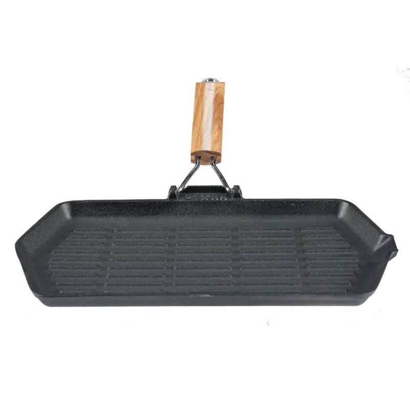 Støbejernspande til grill med sammenklappeligt træhåndtag, 35x21 cm - 
