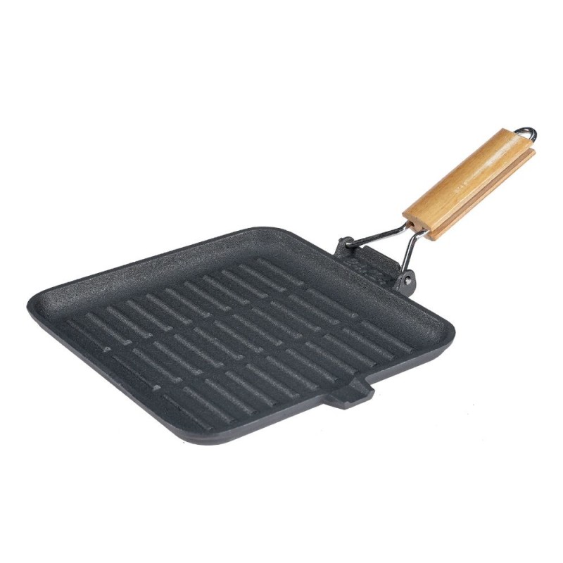 Støbejernspande til grill med sammenklappeligt træhåndtag, 28x28 cm - 